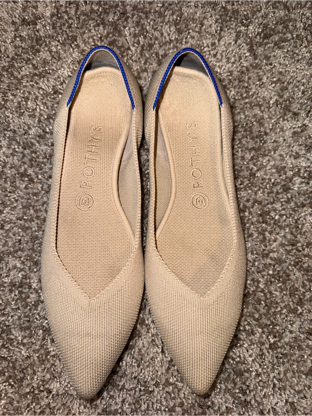 Rothy's Beige Pointed Knit Flats with Blue Trim - Picture 9 of 9